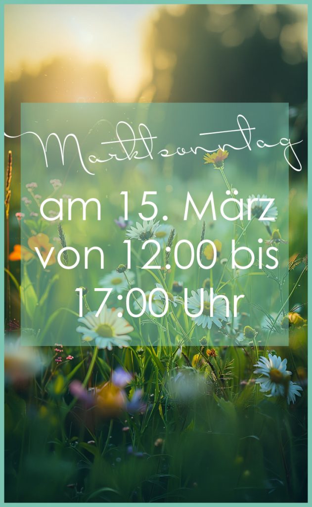Frühlingswiese mit Blumen und Hinweis auf Marktsonntag im Jeans House Olching am 15. März von 12 bis 17 Uhr.