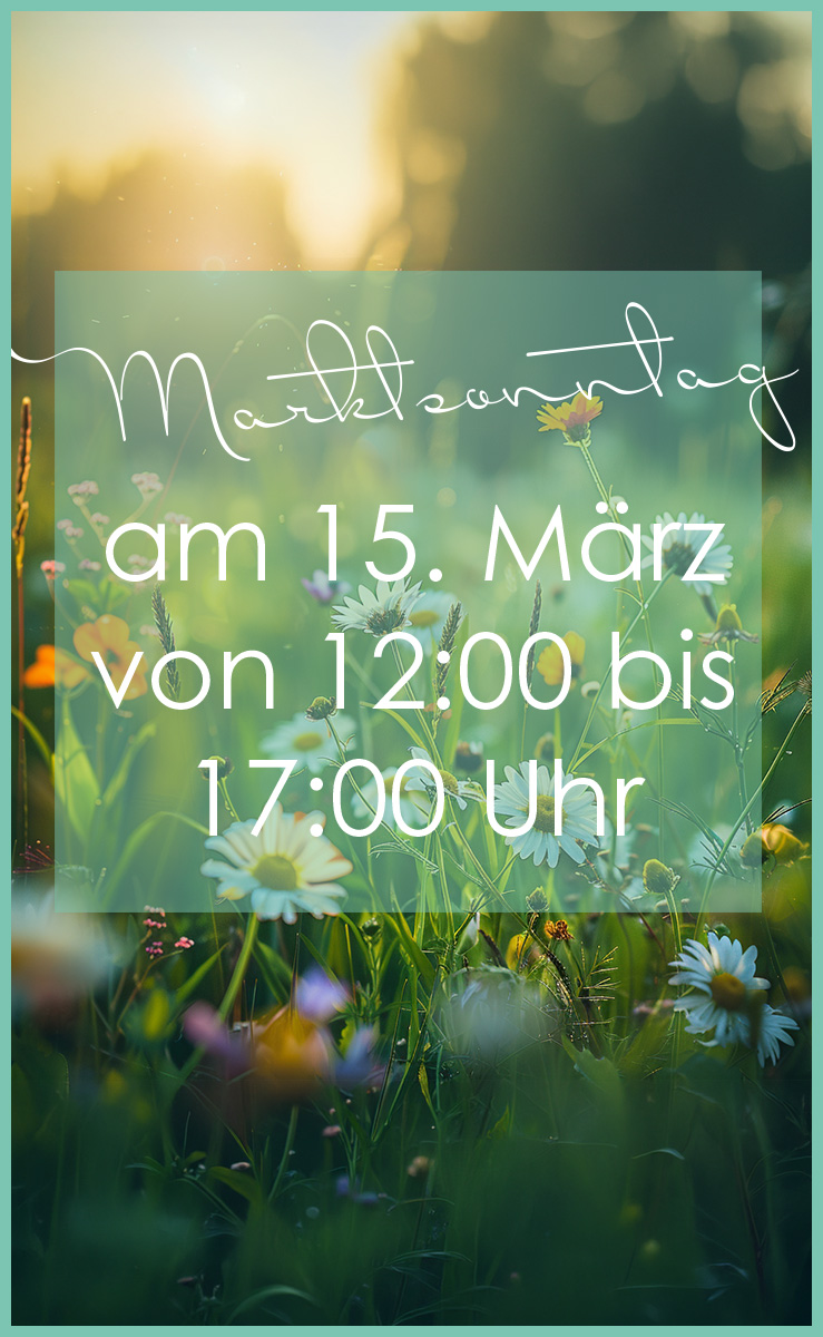 Fr&uuml;hlingswiese mit Blumen und Hinweis auf Marktsonntag im Jeans House Olching am 15. M&auml;rz von 12 bis 17 Uhr.