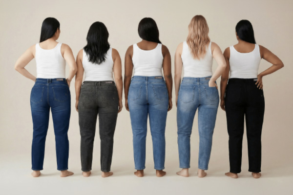 Fünf Frauen mit unterschiedlichen Figurtypen tragen moderne LEMAPA Curvy Jeans in verschiedenen Waschungen – Curvy Fashion im Jeans House Olching.