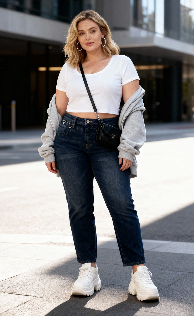 Frau trägt dunkelblaue LEMAPA Curvy Jeans mit weißem Shirt und Sneakern – moderne Plus Size Damenmode im Jeans House Olching.