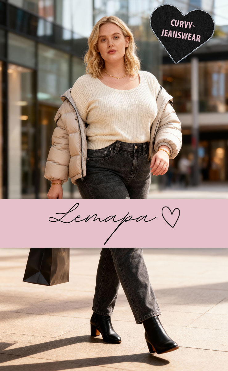 LEMAPA Curvy-Jeanswear f&uuml;r Damen &ndash; moderne Plus-Size-Mode mit schwarzer Jeans und hellem Strickpullover im Jeans House Olching.