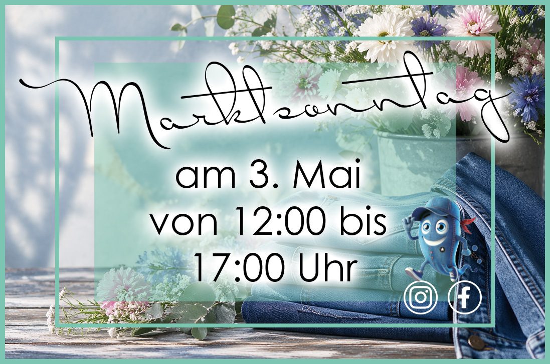 Fr&uuml;hlingshafte Szene mit Jeansstapeln und Blumen auf Holztisch, dar&uuml;ber Hinweis auf Marktsonntag am 3. Mai von 12 bis 17 Uhr im JEANS HOUSE Olching.