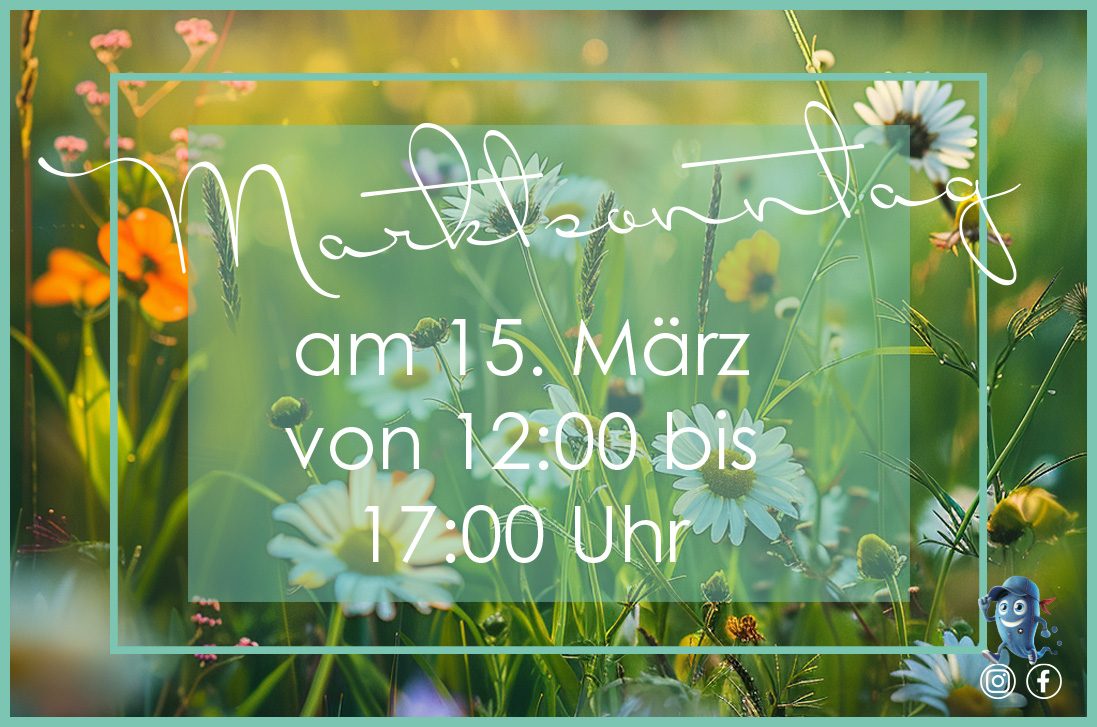 Frühlingswiese mit Blumen und Hinweis auf Marktsonntag am 15. März von 12 bis 17 Uhr im Jeans House Olching.