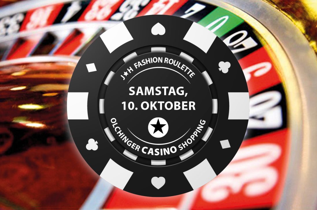 Jetzt passt es 😊 Alt-Text: Casinochip vor einem Roulettekessel mit der Aufschrift &bdquo;J★H Fashion Roulette &ndash; Samstag, 10. Oktober &ndash; Olchinger Casino Shopping&ldquo;.