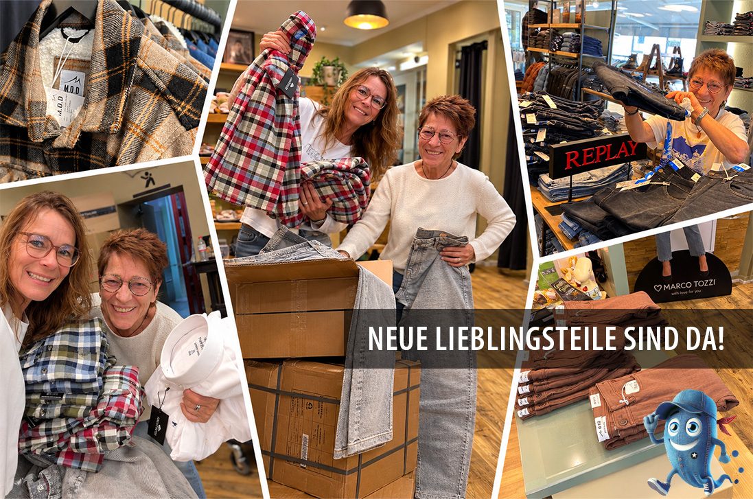 Mitarbeiterinnen des JEANS HOUSE beim Auspacken neuer Mode und Jeans &ndash; Collage mit neuen Lieblingsst&uuml;cken und aktuellen Kollektionen.