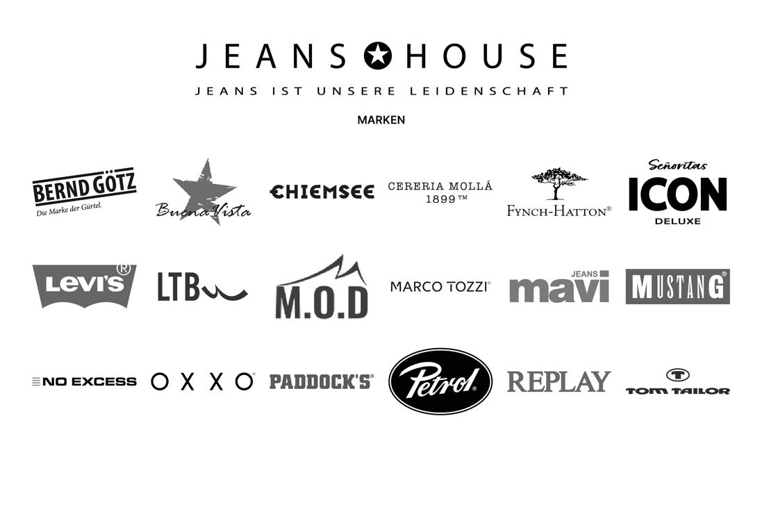 Marken&uuml;bersicht vom Jeans House Olching mit Logos wie Levi&rsquo;s, Mustang, Mavi, Replay, Petrol, Tom Tailor, LTB, Chiemsee, Buena Vista und weiteren.