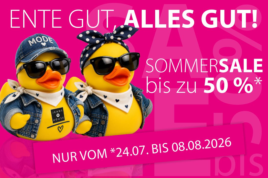 Zwei gelbe Mode-Enten mit Jeansjacken und Sonnenbrillen werben f&uuml;r den JEANS HOUSE Sommersale in Olching. Bis zu 50 % Rabatt vom 24.07. bis 08.08.2026.