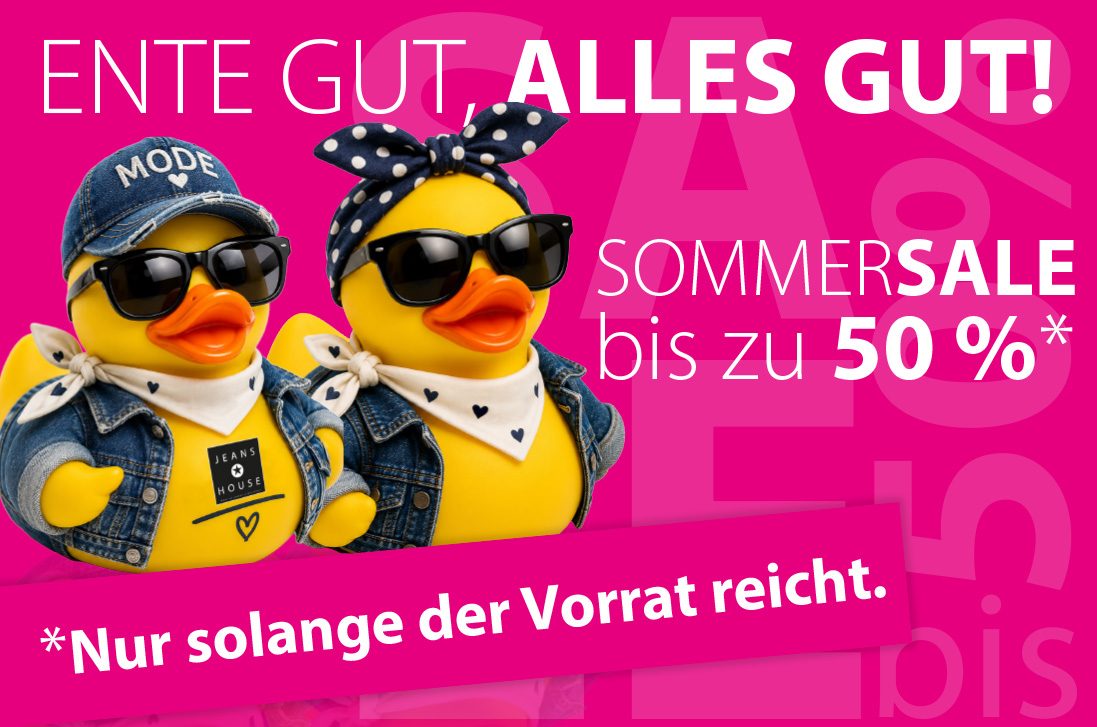 Zwei gelbe Mode-Enten mit Jeansjacken und Sonnenbrillen werben f&uuml;r den JEANS HOUSE Sommersale in Olching. Bis zu 50 % Rabatt und nur solange der Vorrat reicht.